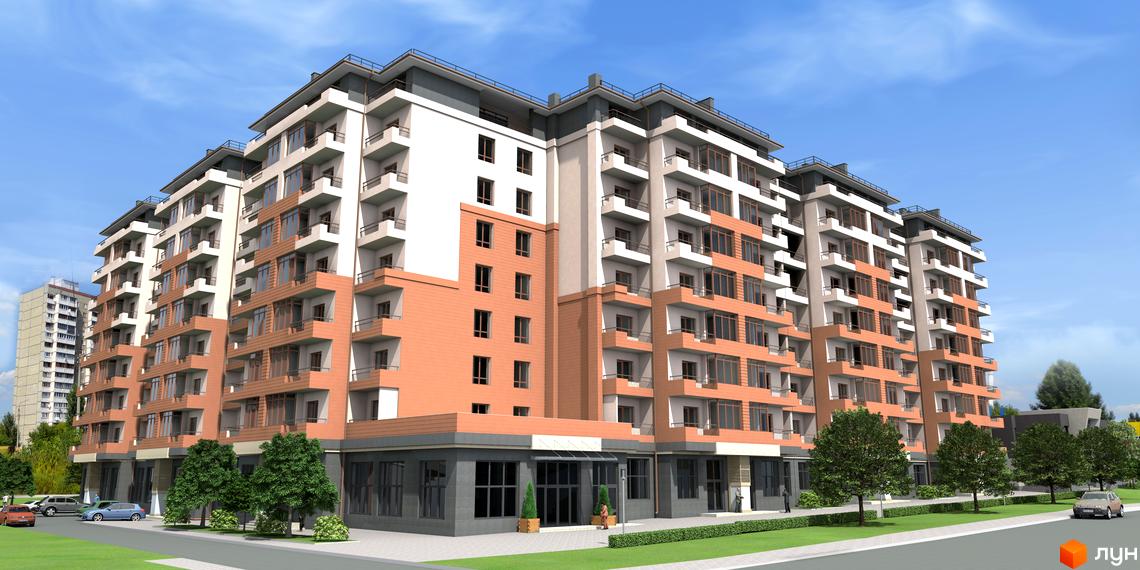 Зображення фасаду багатоповерхового будинку в Житловому комплексі Академмістечко. Навколо будинку зелені насадження та тротуар.