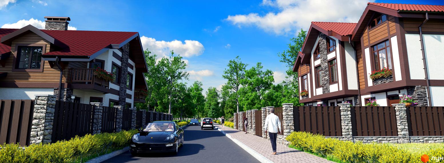 Таунхауси Київ Шале: фасади будинків з дерев'яними та кам'яними елементами, червоний дах, зелені дерева та доглянута прибудинкова територія.