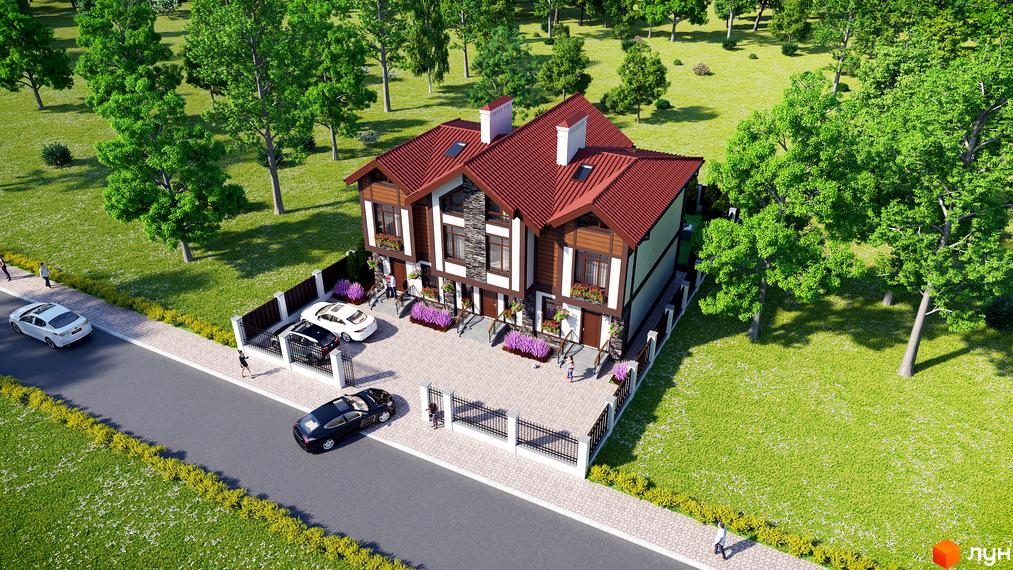 Зображення таунхаусів „Київ Шале“ з червоним дахом та прибудинковою територією. На подвір'ї припарковані автомобілі, ростуть дерева.