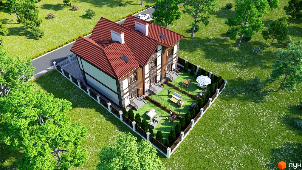 Зображення таунхаусів „Київ Шале“ з червоним дахом та облаштованою прибудинковою територією з газоном та місцем для відпочинку.