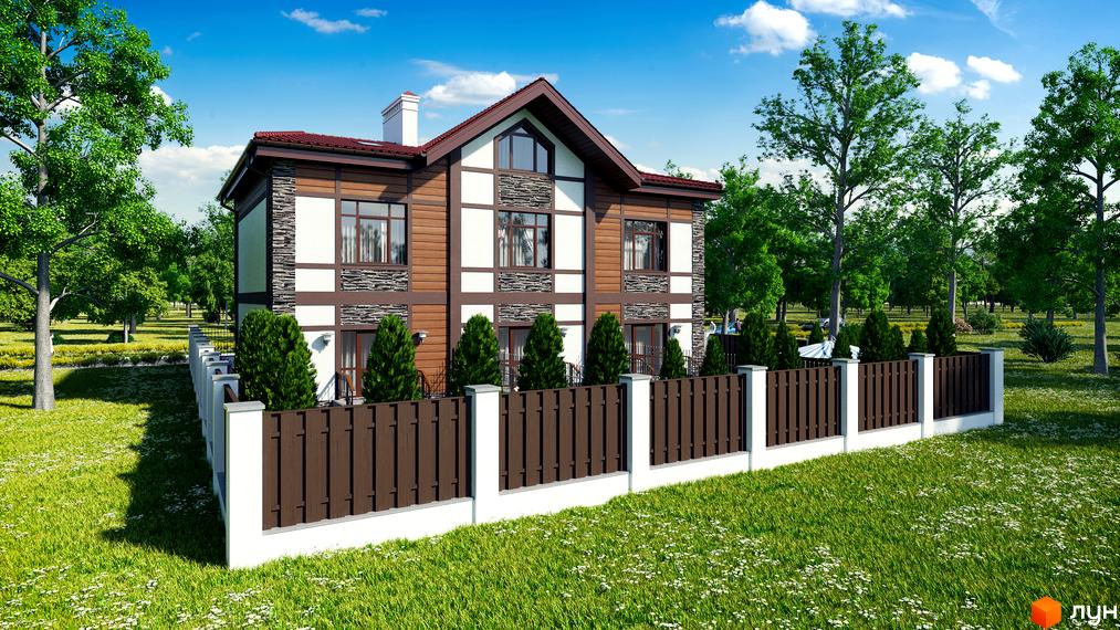 Зображення таунхаусів «Київ Шале» з коричневим парканом та зеленим газоном. Двоповерховий будинок з дерев'яним оздобленням.
