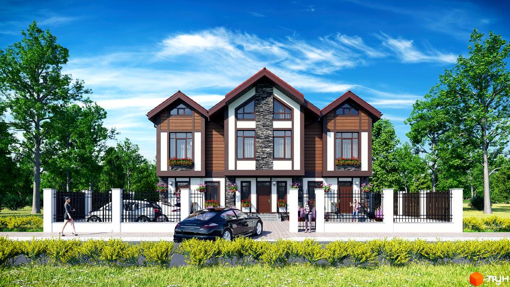 Зображення таунхаусів Київ Шале з фасадом з дерева та каменю. На передньому плані припарковані авто та зелені насадження.
