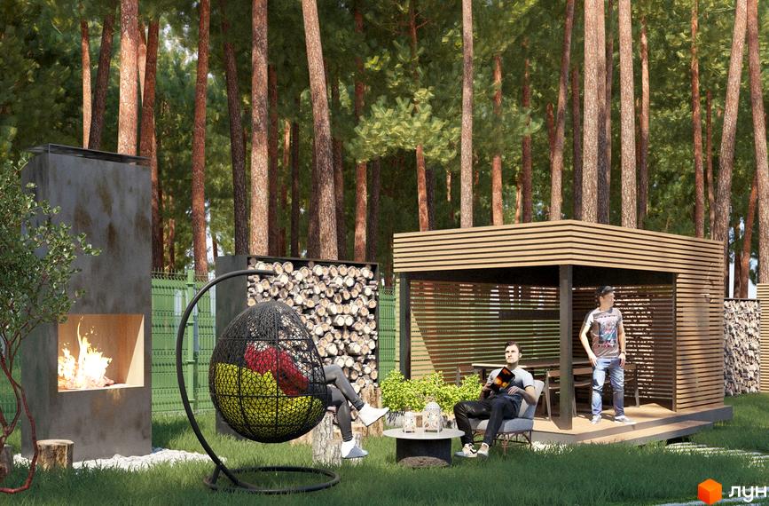 Зображення території з альтанкою, каміном та місцями для відпочинку в Forest Apart. Навколо зелений газон та хвойний ліс.