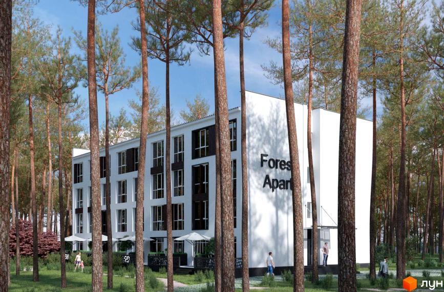 Зображення Житлового комплексу Forest Apart серед соснового лісу. Фасад будинку з великими вікнами та прибудинковою територією.