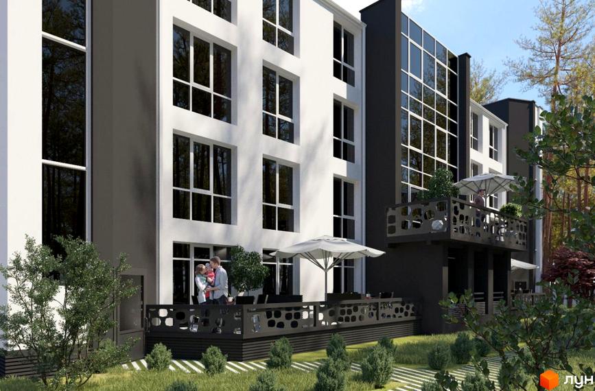 Зображення фасаду та прибудинкової території Житлового комплексу Forest Apart. На передньому плані зелені насадження та газон.