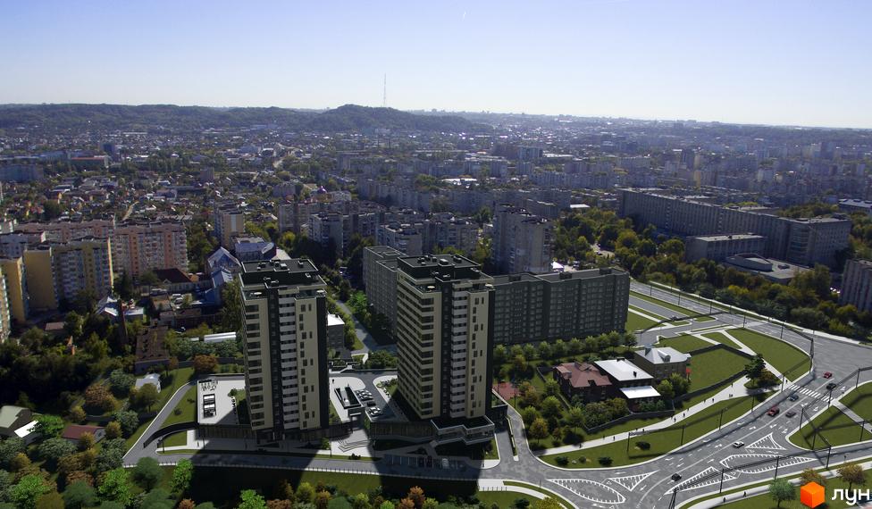 Житловий комплекс Strim Towers: два багатоповерхові будинки з контрастними фасадами, оточені розвиненою інфраструктурою та зеленими зонами.