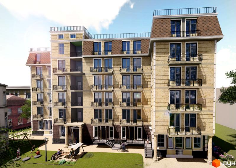 Зовнішній вигляд клубного будинку Graf на Катеринській з фасадом з піщанику та балконами з кованими решітками. На прибудинковій території дитячий майданчик та місця для відпочинку.