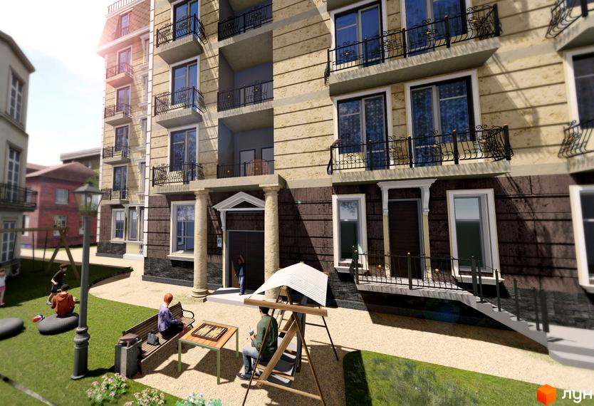 Зображення фасаду Клубного будинку „Graf на Катеринській“ з балконами та прибудинковою територією з місцями для відпочинку.