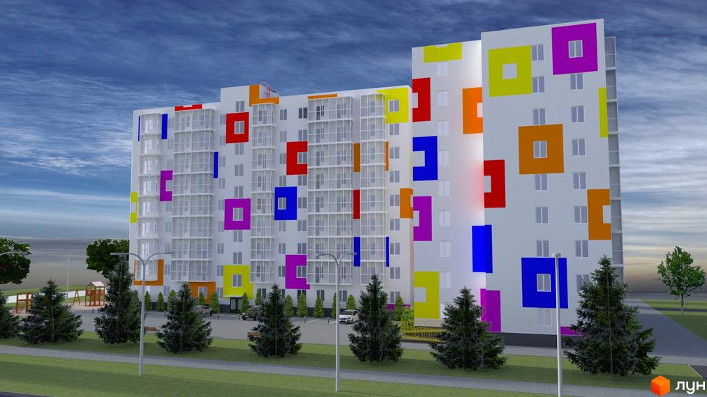 Зображення фасаду та прибудинкової території Житлового комплексу Воробйові гори Family. Багатоповерхівка з кольоровими елементами декору.