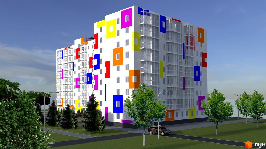 Житловий комплекс Воробйові гори Family – це багатоповерхова новобудова яскравого дизайну з кольоровими квадратами на фасаді та зеленою прибудинковою територією.