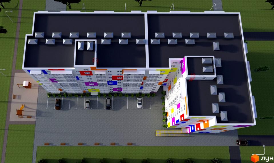 Зображення Житлового комплексу Воробйові гори Family з висоти пташиного польоту. Видно фасад будинку з кольоровими вставками, парковку та дитячий майданчик.