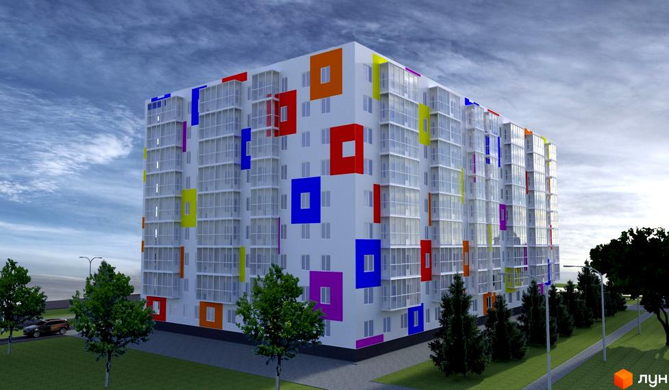 Житловий комплекс Воробйові гори Family – це багатоповерхова новобудова з яскравим фасадом, прикрашеним кольоровими квадратами, та заскленими балконами. Навколо будинку розташовані зелені насадження та доглянута прибудинкова територія.