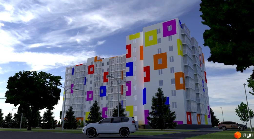 Новобудова ЖК Воробйові гори Family з яскравим фасадом та вікнами-квадратами. Навколо будинку зелені дерева та автомобілі.