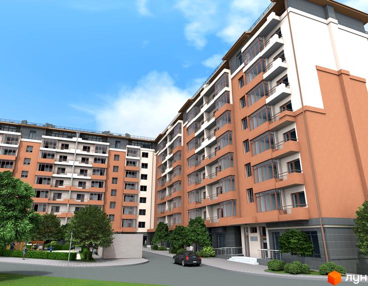 Зображення фасаду та прибудинкової території Житлового комплексу Академмістечко. Багатоповерховий будинок з балконами, зелені насадження та доглянутий двір.