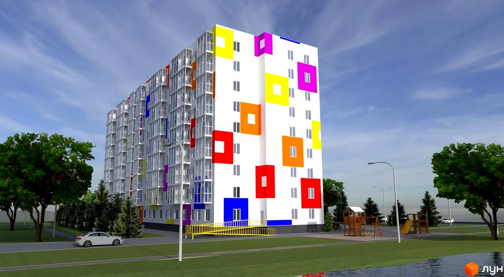 Житловий комплекс Воробйові гори Family – це яскрава новобудова з кольоровими квадратами на фасаді та дитячим майданчиком поруч. На зображенні видно багатоповерховий будинок з балконами та прибудинкову територію з деревами.