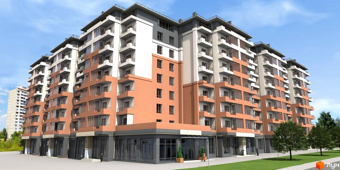 Зображення фасаду житлового комплексу Академмістечко. Багатоповерхова будівля з балконами, прибудинкова територія з газоном та деревами.