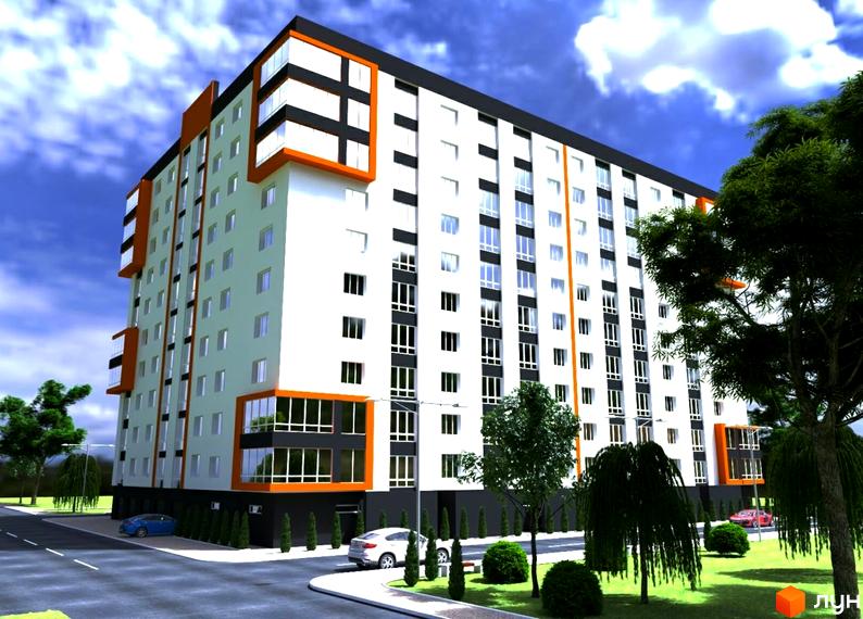 Багатоповерховий житловий комплекс Олімпійський 2 з білим фасадом, чорними вікнами та помаранчевими акцентами. Навколо будинку дорога та зелені насадження.