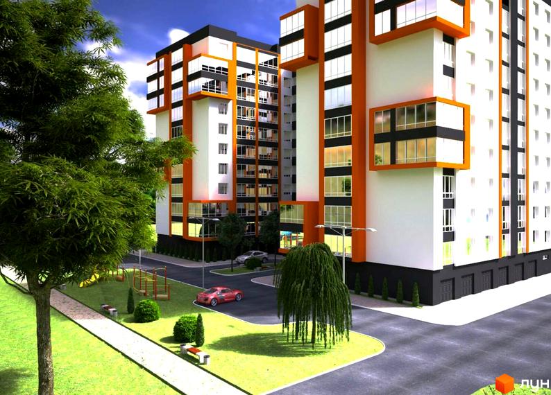 Житловий комплекс Олімпійський 2: будинки з білими фасадами та помаранчевими акцентами. На території: газони, дерева, дитячий майданчик, парковка.