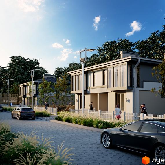 Дуплекси Grand Residence 4 з білою огорожею та доглянутою прибудинковою територією. На вулиці стоять автомобілі, а на фоні видно дерева та блакитне небо.