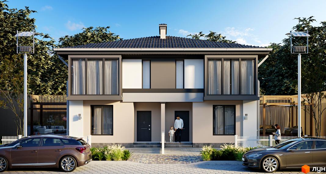 Зовнішній вигляд дуплексів Grand Residence 4 з двома входами, вікнами та прибудинковою територією з паркуванням та зеленими насадженнями.