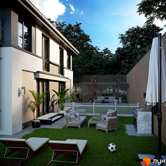 Зовнішній вигляд дуплексів Grand Residence 4 з просторим заднім двором, зоною відпочинку та барбекю. Сучасна архітектура та доглянута прибудинкова територія.