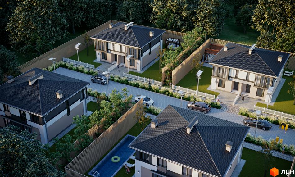 Зовнішній вигляд дуплексів Grand Residence 4 з прибудинковою територією, що включає паркування, зелені зони та басейн. Сучасний житловий комплекс з двома поверхами та темним дахом.