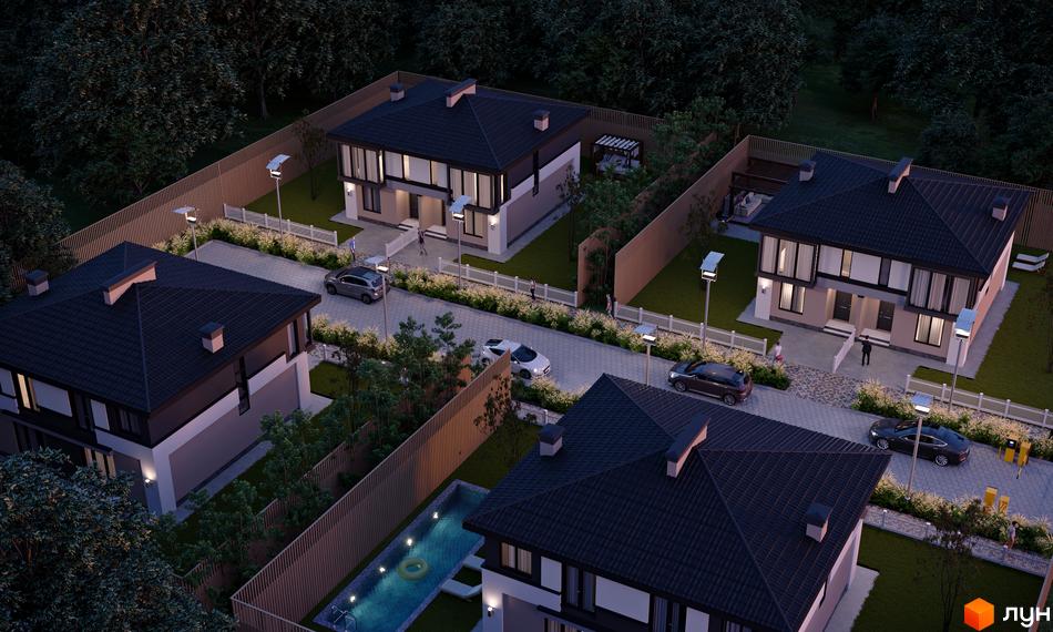 Дуплекси Grand Residence 4 з темними дахами та світлими фасадами, розташовані на доглянутій прибудинковій території з басейном та освітленням.