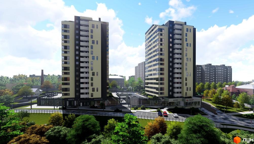 Дві висотні будівлі житлового комплексу Strim Towers з світло-темним фасадом, вікнами та балконами. Прибудинкова територія має зелені насадження та дороги.