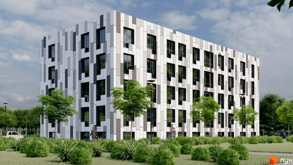 Будівельний проєкт Wood Park 2: фасади з геометричним візерунком, вікна з темними рамами, зелені насадження та доглянута прибудинкова територія.