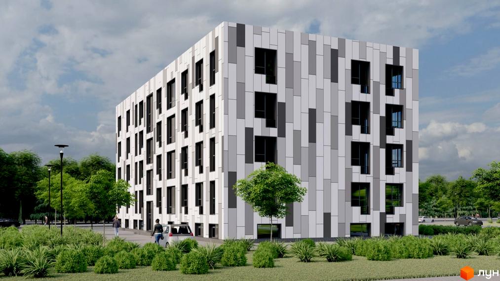 Будівельний проєкт Wood Park 2 – це багатоповерхова будівля з фасадом, оздобленим панелями різних відтінків сірого та білого. Навколо будівлі розташовані зелені насадження та доглянута прибудинкова територія.