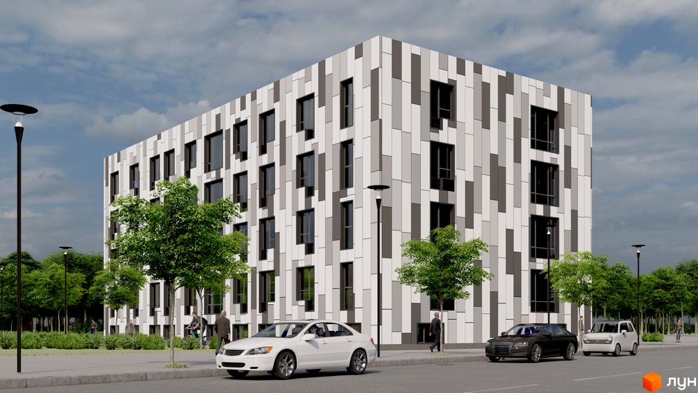 Житловий комплекс Wood Park 2 з фасадом з вертикальних панелей сірих та білих відтінків. Навколо будівлі зелені дерева та облаштована прибудинкова територія з пішохідними доріжками та автомобілями.
