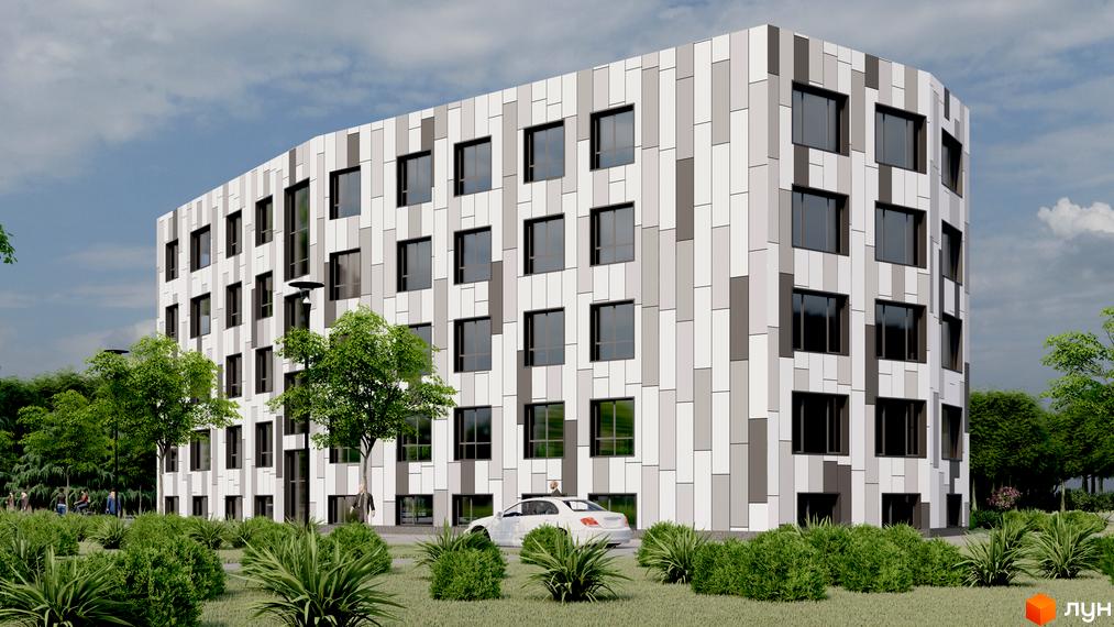 Житловий комплекс Wood Park з фасадом, оздобленим вертикальними панелями білого, сірого та темно-сірого кольорів. Навколо комплексу зелені насадження та доглянута прибудинкова територія.
