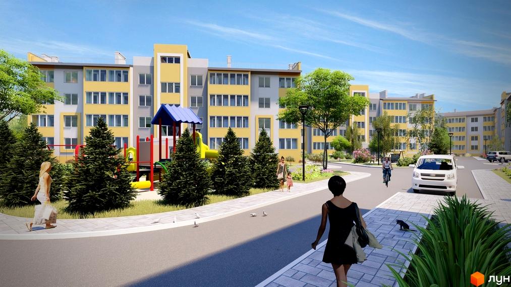 Житловий комплекс Заріччя з фасадами жовтого та сірого кольорів. На території є дитячий майданчик, дерева та асфальтована дорога.