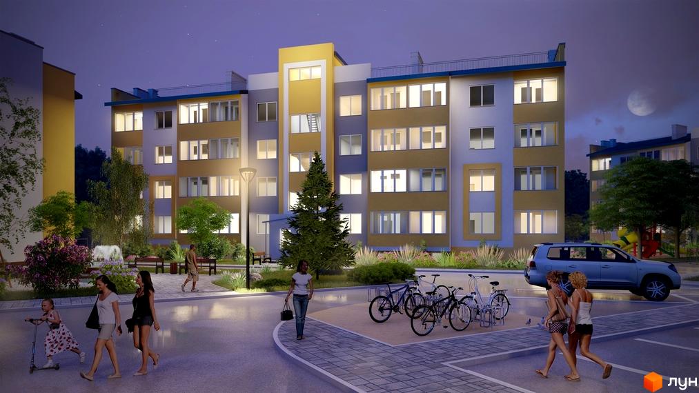 Житловий комплекс Заріччя: багатоповерховий будинок з жовтим фасадом, освітлена прибудинкова територія, парковка, люди, велосипеди, дерева.
