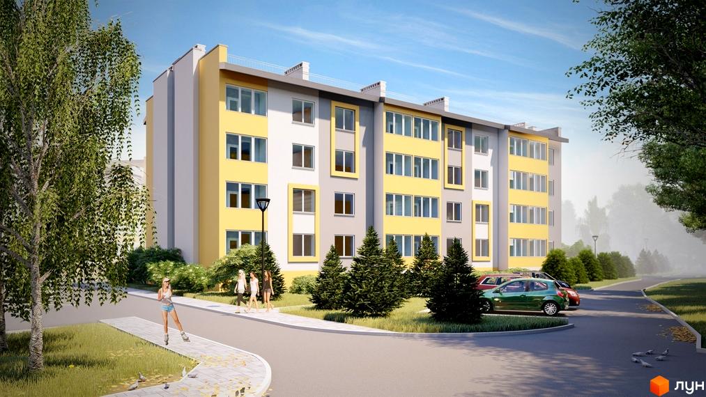 Багатоповерховий будинок ЖК Заріччя з жовтими та сірими фасадами, зеленою прибудинковою територією та парковкою для автомобілів.