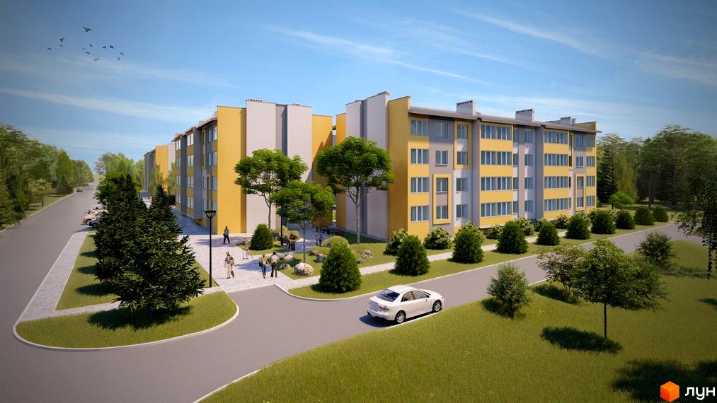 Житловий комплекс Заріччя: фасади жовто-сірих будинків з багатьма вікнами, зелена прибудинкова територія з деревами, газоном та доріжками.