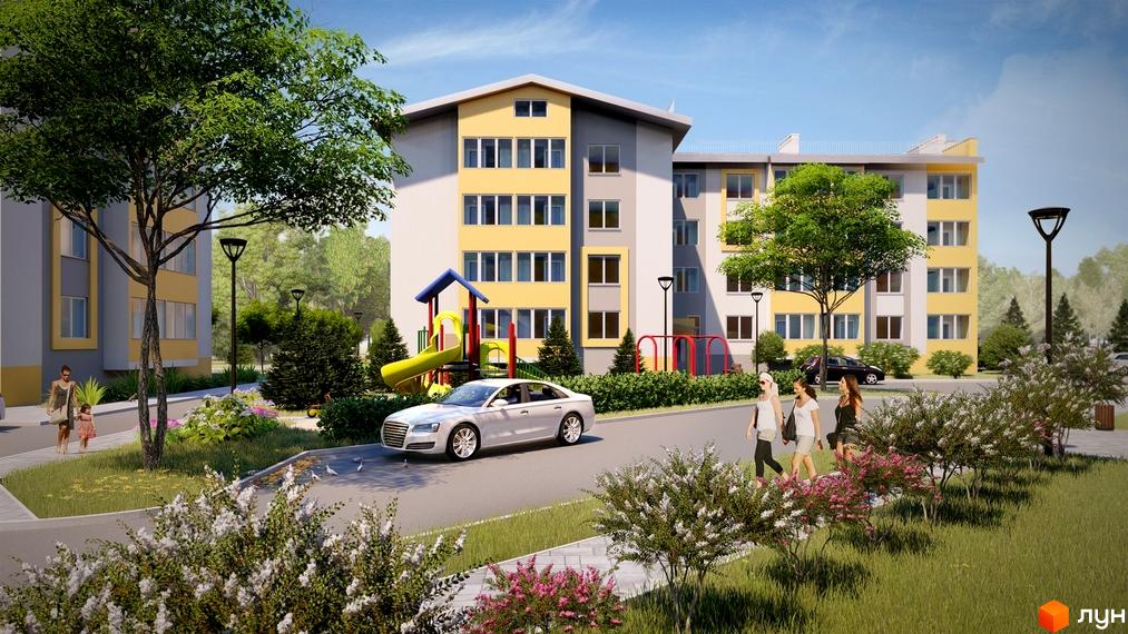 Зображення сторінки ЖК Заріччя: багатоповерховий будинок з жовтими та сірими фасадами, дитячий майданчик та зелена прибудинкова територія.