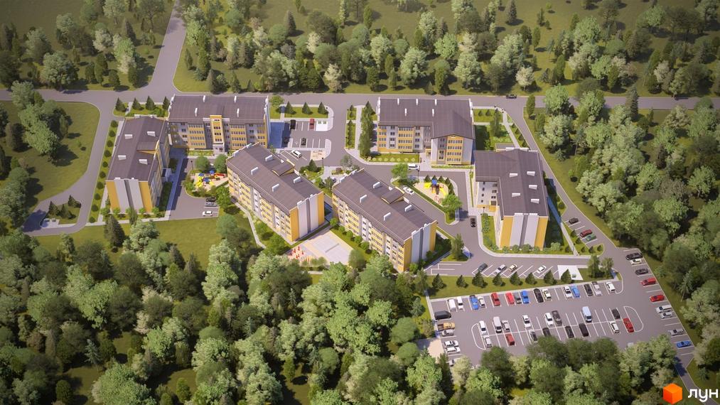 Житловий комплекс Заріччя: вид зверху на багатоповерхові будинки жовто-сірого кольору з сірими дахами, поруч дитячі майданчики та парковка.