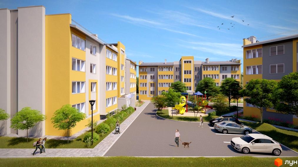 Житловий комплекс Заріччя: світлі будинки з жовтими та сірими фасадами, упорядкована прибудинкова територія з парковкою та дитячим майданчиком.