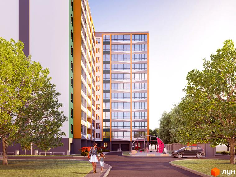 Висотна будівля ЖК Dream Central з панорамними вікнами. На прибудинковій території є дитячий майданчик, зелені насадження та місця для паркування.