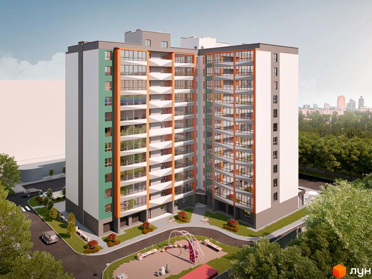 Висотна будівля ЖК Dream Central з панорамними вікнами та балконами, навколо будинку облаштований дитячий майданчик та зелені насадження.