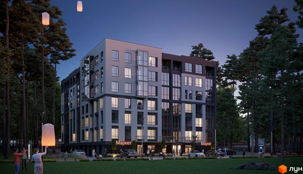 Житловий комплекс Преміальний: багатоповерхова новобудова з великою кількістю вікон на тлі соснового лісу ввечері. На передньому плані видно людей, що запускають небесні ліхтарики.