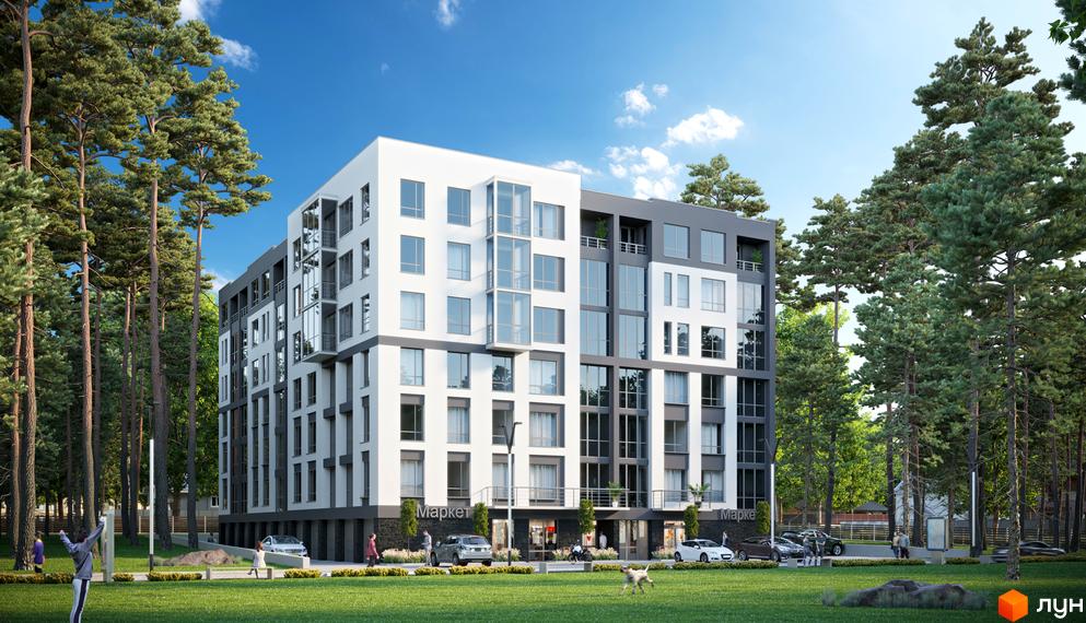 Зображення житлового комплексу Преміальний. Висотна будівля з великими вікнами та терасами, перед будинком газон та дерева.