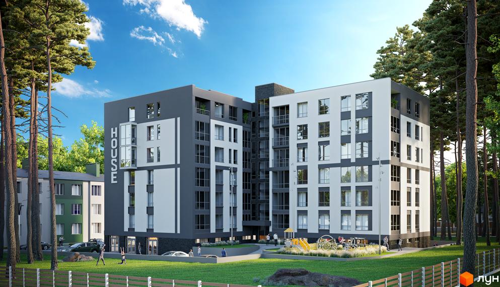 Житловий комплекс Преміальний з фасадом у сіро-білих тонах, великими вікнами та доглянутою прибудинковою територією з дитячим майданчиком та зеленими насадженнями.