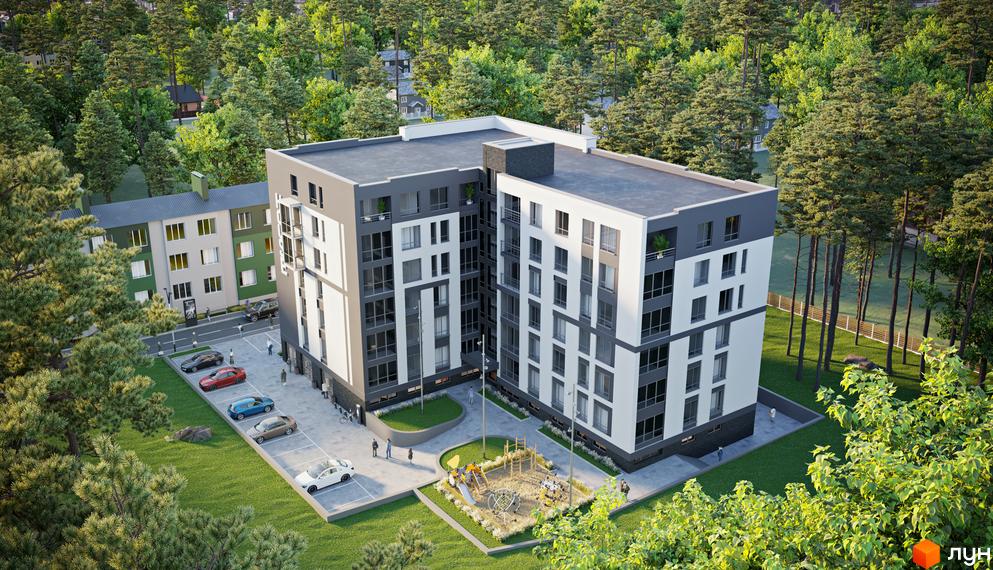 Новобудова ЖК Преміальний з біло-сірим фасадом та балконами, розташована серед дерев, з дитячим майданчиком та парковкою.