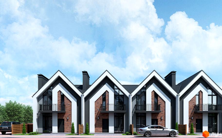 Зображення котеджів у котеджному містечку Garden House з фасадами з цегли та великими вікнами. Перед будинками припарковані автомобілі.