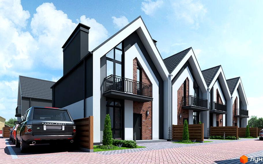 Зображення фасаду та прибудинкової території Котеджного містечка Garden House. На передньому плані автомобілі та доріжка з бруківки.