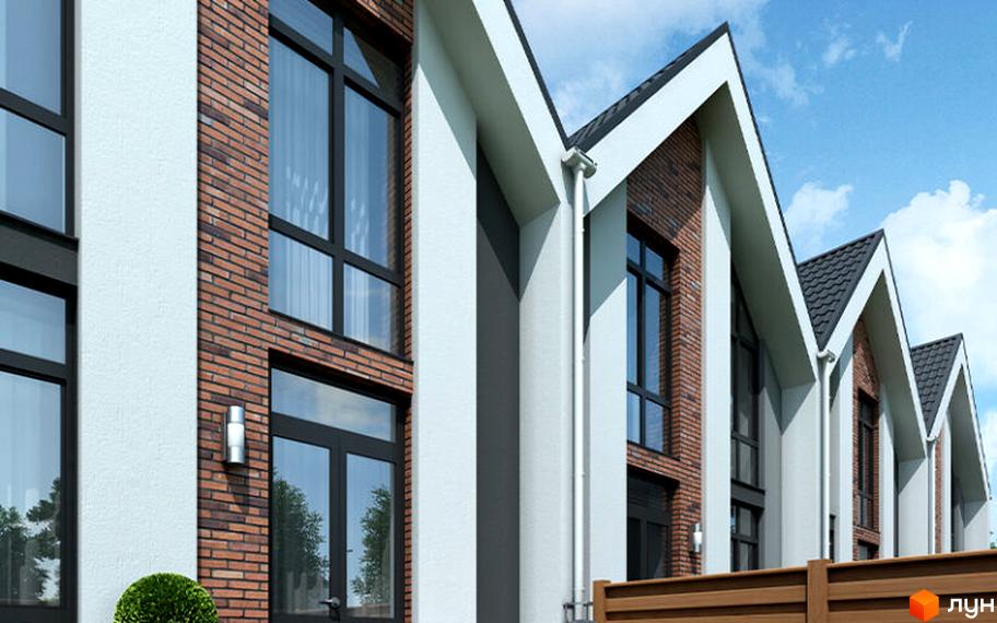 Зображення фасаду Котеджного містечка Garden House з великими вікнами та оздобленням з цегли. На передньому плані зелені насадження.