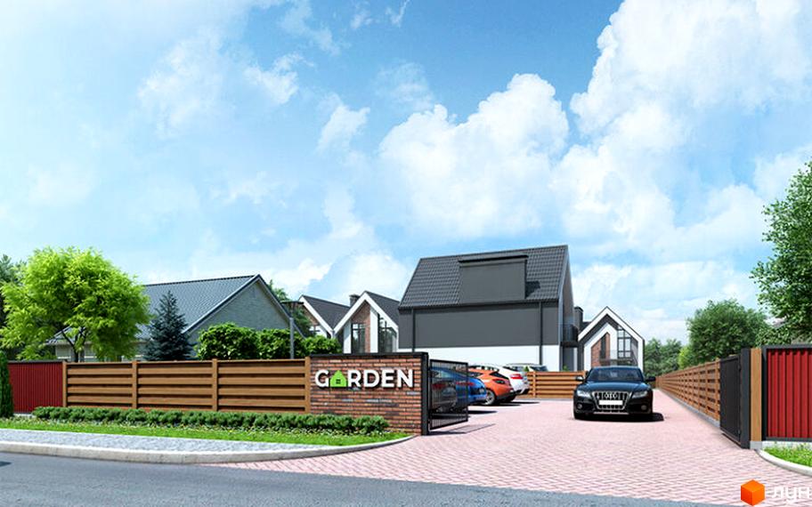 Зображення Котеджного містечка Garden House з будинками та прибудинковою територією. На передньому плані в'їзд на територію.