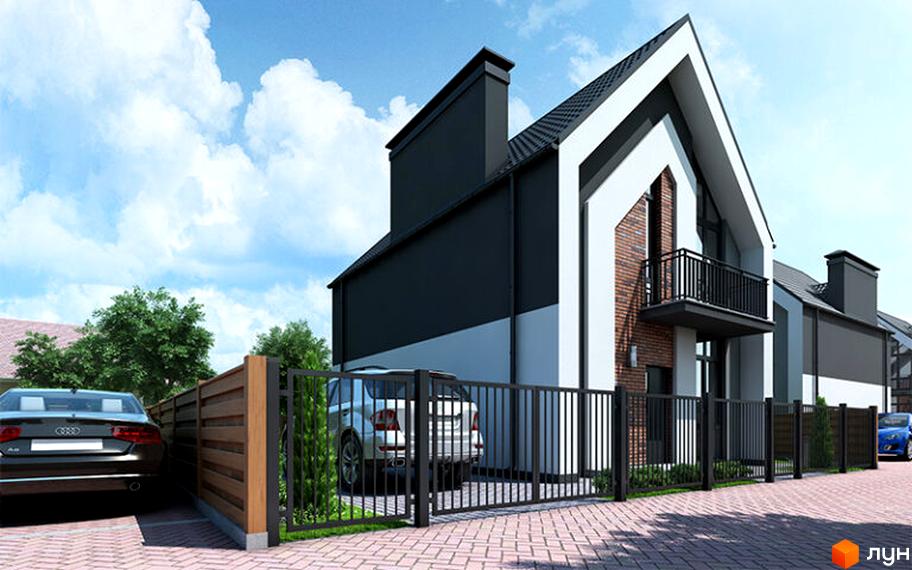 Зображення Котеджного містечка Garden House: двоповерховий будинок з чорним дахом та парканом, перед будинком припарковані автомобілі.